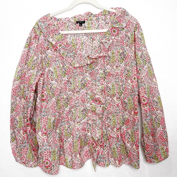 Talbots 100% Cotton Pintuck Ruffle Top Button Front Floral Spring Blouse - Picture 2 of 10